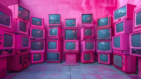 Pink Televisions Stacked Against Pink Wallの素材