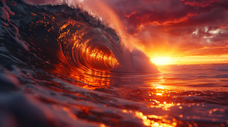 Ocean Wave Reflecting Sunset Colors During Golden Hourの素材