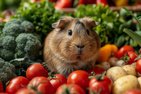 Brown Guinea Pig Surrounded By Fresh Vegetablesの素材