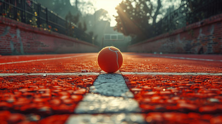 Tennis Ball on a Red Clay Court in the Afternoon Sunの素材