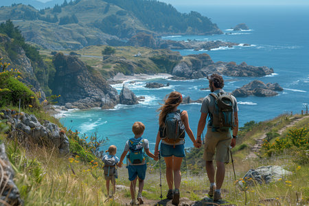 Family Hiking Trail With Coastal Views On Sunny Dayの素材