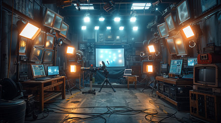 A Film Studio Set With Multiple Monitors and Lighting Equipmentの素材