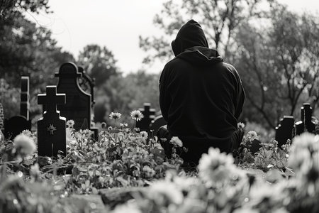 Hooded Figure Mourning at a Graveyardの素材