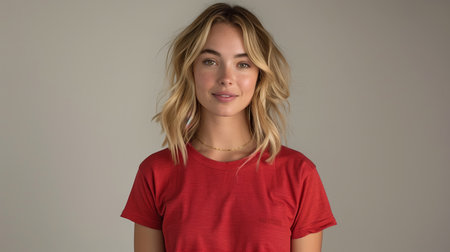 Portrait of a Young Woman With Blonde Hair Wearing a Red Shirt in a Neutral Backgroundの素材