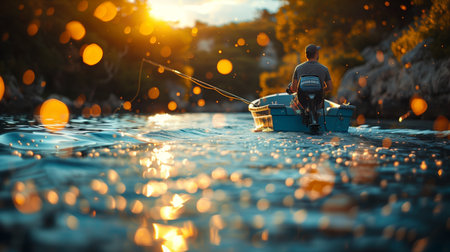 Serene Evening Boat Ride on a Calm Lake as the Sun Sets Behind Green Hillsの素材