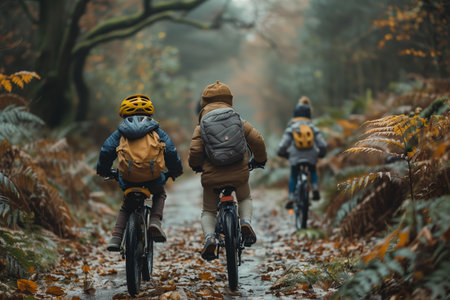 Children Riding Bicycles Through Autumn Forest Path Covered in Colorful Leavesの素材