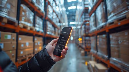 Employee Scanning Packages With Smartphone in Busy Warehouse During Daytime Operationsの素材