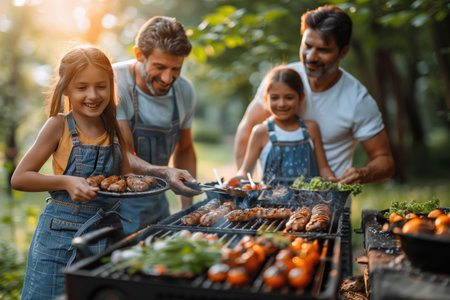Family Enjoying a Summer Barbecue Gathering in a Lush Green Backyard During Golden Hourの素材