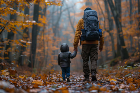 Father and Child Enjoying Autumn Hike Through Forest Path Covered in Colorful Leavesの素材