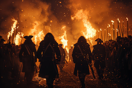 Large Group of Historical Reenactors Marching With Torches During Nighttime Festivalの素材