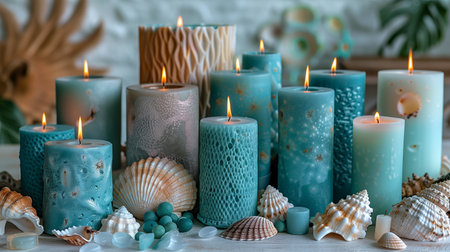 Display of Decorative Candles Surrounded by Seashells in a Coastal Themed Settingの素材