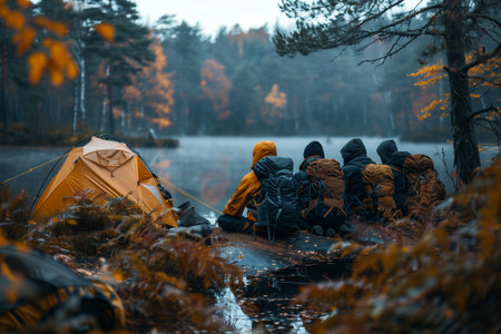 Group of Adventurous Hikers Camped by Tranquil Lake Surrounded by Autumn Colors at Duskの素材