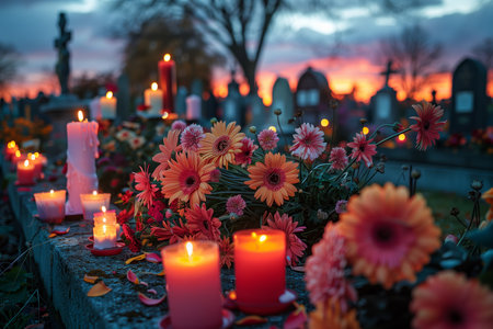 Burning Candles and Flowers at a Cemetery During Duskの素材