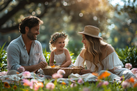 Joyful Family Picnic in a Sunlit Park Surrounded by Colorful Flowers on a Warm Spring Afternoonの素材