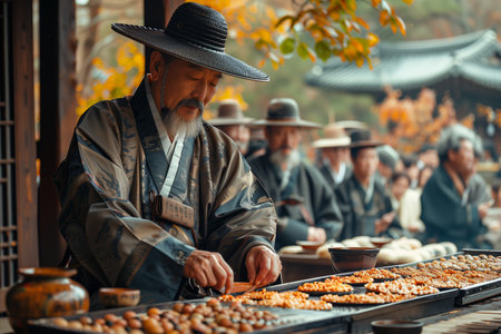 Elderly Artisan Preparing Traditional Cuisine at a Historical Market in Autumnの素材