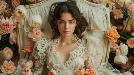 Elegant Bride Surrounded by Blooming Roses in a Vintage Setting During Springtimeの素材