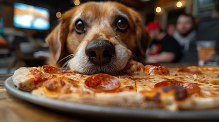 A Dog Enjoys a Delicious Pepperoni Pizza in a Cozy Restaurant Setting During Evening With Friends.の素材