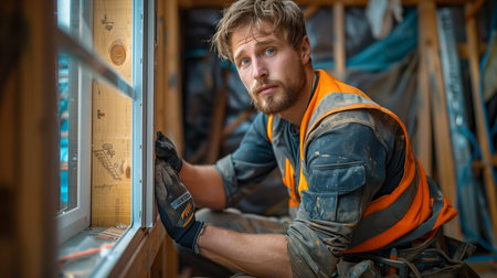 Young Construction Worker Installing Window Frames in New Building During Daylight Hoursの素材
