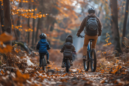Family Enjoying a Leisurely Bike Ride Through Colorful Autumn Forest Trailの素材