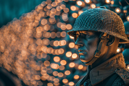 Soldier in Uniform Standing Proudly Against a Background of Glowing Lights at Duskの素材