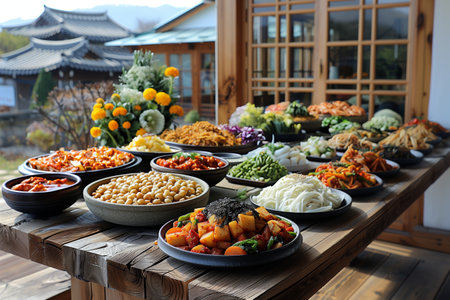 Diverse Array of Traditional Dishes Displayed on a Rustic Wooden Table Outdoorsの素材