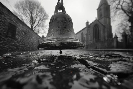Historic Church Bell Hanging Over Waterlogged Cobblestones in a Rainy Atmosphereの素材