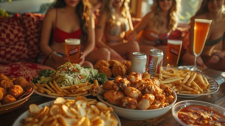 Girls Enjoying Festive Appetizers and Drinks While Socializing in Bright Indoor Settingの素材