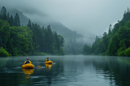 Two People Kayaking on a Serene Misty Lake Surrounded by Lush Pine Forestsの素材
