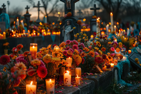 Colorful Flowers and Candles Illuminate a Cemetery During Day of the Dead Celebrationの素材