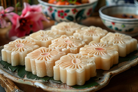 Traditional Handcrafted Mooncakes Displayed On A Decorative Plate With Floral Patterns During Festive Celebrationsの素材