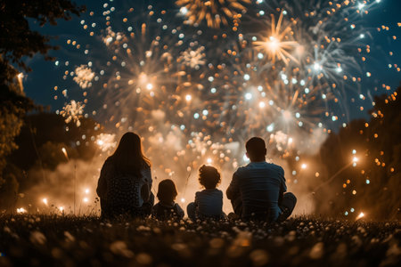 Family Enjoying a Spectacular Fireworks Display in a Park on a Summer Nightの素材