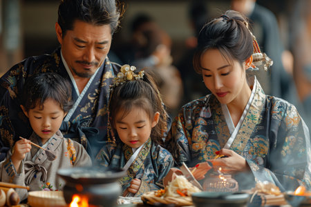 Family Gathering in Traditional Attire Enjoying Meal Together in Cultural Settingの素材