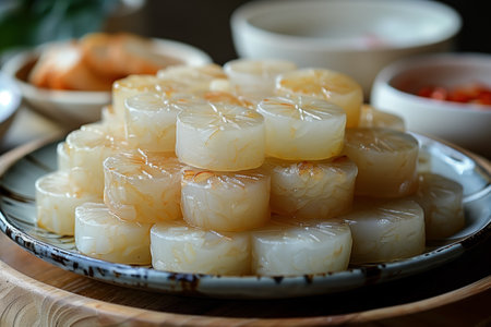 Delicious Stack of Traditional Rice Cakes Served on a Beautiful Plate in a Cozy Restaurant Settingの素材