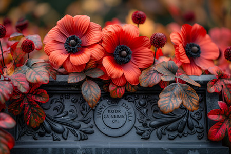 Vibrant Red Poppies Adorn a Dark Gray Grave Marker Surrounded by Autumn Leavesの素材