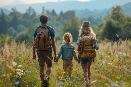 Family Hiking Together Through Wildflowers in a Scenic Mountain Landscape During Sunny Afternoonの素材