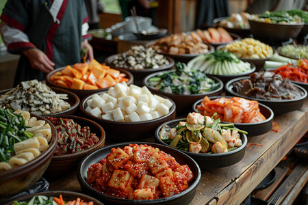 A Vibrant Display of Korean Cuisine Featuring Fresh Vegetables and Traditional Dishes at a Cultural Festivalの素材