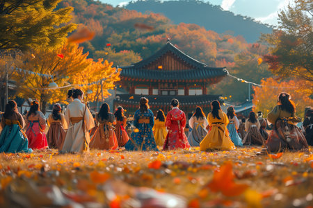 Traditional Costume Celebration Amid Vibrant Autumn Foliage in Historic Park During Late Afternoonの素材