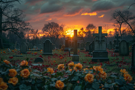 Sunset Over A Graveyard With Crosses And Flowersの素材