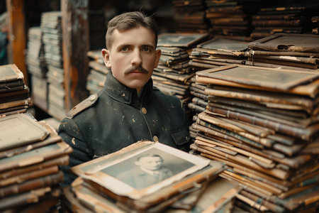 Historical Archive Exploration by a Military Officer Surrounded by Vintage Portraits in a Dimly Lit Roomの素材