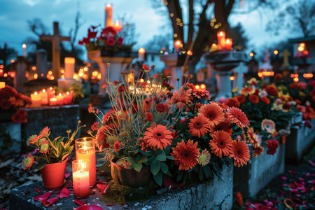 Orange Flowers and Candles at a Cemetery on a Dusk Eveningの素材