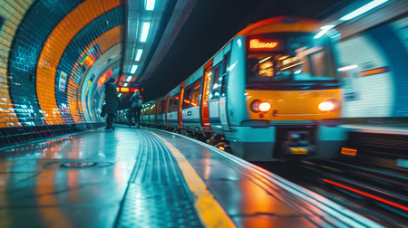 Vibrant Urban Underground Train Arriving at Station During Evening Commuteの素材