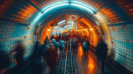 Crowd Moving Through Busy Underground Transit Tunnel With Neon Lights at Duskの素材