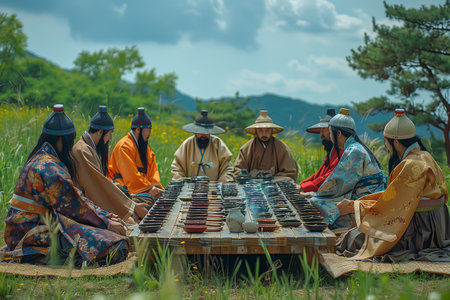 Traditional Gathering of Scholars Engaged in Strategic Board Game Under a Vibrant Sky in an Ancient Settingの素材