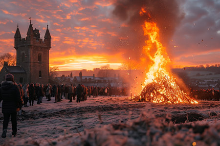 Vibrant Bonfire Celebration at Sunset Near Historic Church With Crowds Gatheredの素材