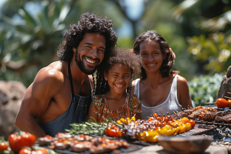 Family Gathering With Barbecue at a Bright Green Outdoor Location on a Sunny Dayの素材