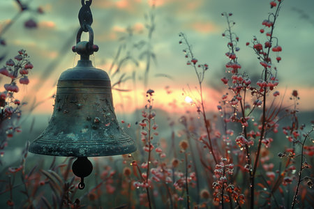Rustic Bell Adorned With Flowers Against a Glowing Sunset Sky in a Serene Meadowの素材