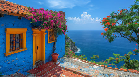 Vibrant Blue House Nestled Among Bougainvillea Overlooking Tranquil Ocean During Sunny Dayの素材