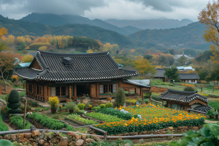 Traditional Korean House Surrounded by Colorful Gardens in Scenic Autumn Landscapeの素材