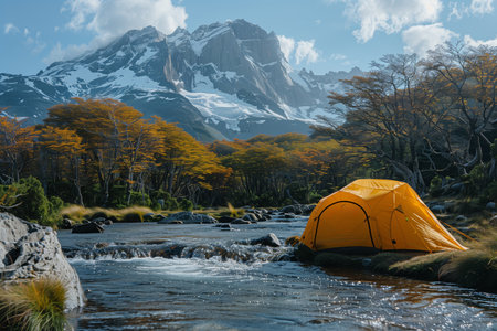 Camping Under Majestic Mountains Beside a Clear Stream in Autumnの素材