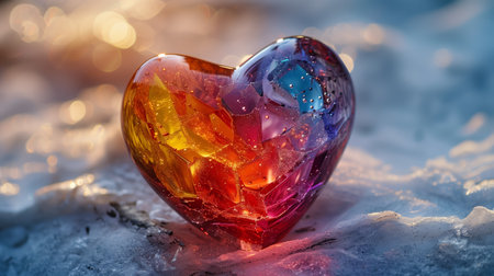 Colorful Heart-Shaped Gemstone Sitting on a Glacial Surface During Sunsetの素材
